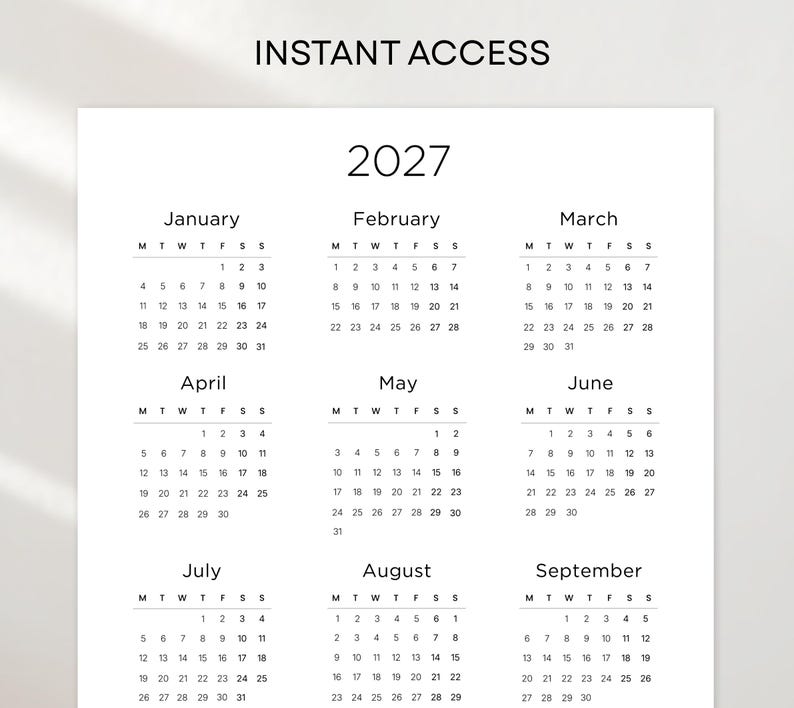 2027 Yearly Calendar Printable | Year at a Glance | Minimal Year ...