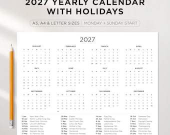2027 Kalender mit Feiertagen Querformat | Jahresübersicht Printable | Sonntag und Montag Start | Sofort Download