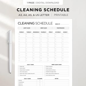 May include: A printable cleaning schedule with the title "CLEANING SCHEDULE" in bold black letters. The schedule includes sections for daily and deep cleaning tasks, with space to check off completed tasks. A white pen is on the left side of the image.