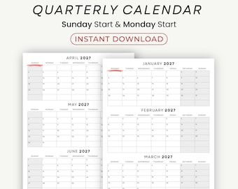 Puede incluir: Un calendario trimestral blanco de 2027 con inicio en domingo y lunes. El calendario incluye los meses de enero, febrero, marzo, abril, mayo y junio. El texto "INSTANT DOWNLOAD" está en un óvalo rojo.