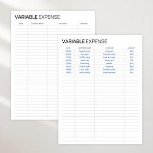 K&ouml;nnte beinhalten: Zwei wei&szlig;e Papierb&ouml;gen mit der &Uuml;berschrift "VARIABLE EXPENSE" oben. Ein Bogen ist leer, w&auml;hrend der andere eine Tabelle mit Ausgabendetails enth&auml;lt, einschlie&szlig;lich Datum, Ausgabenname, Kategorie und Betrag.