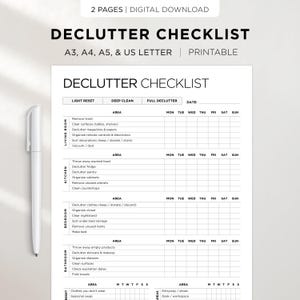 Lista di controllo per il decluttering: lista di controllo settimanale per le pulizie stampabile, pianificatore per l'organizzazione della casa, tracker per le pulizie profonde, formato A3 A4 A5 US Letter