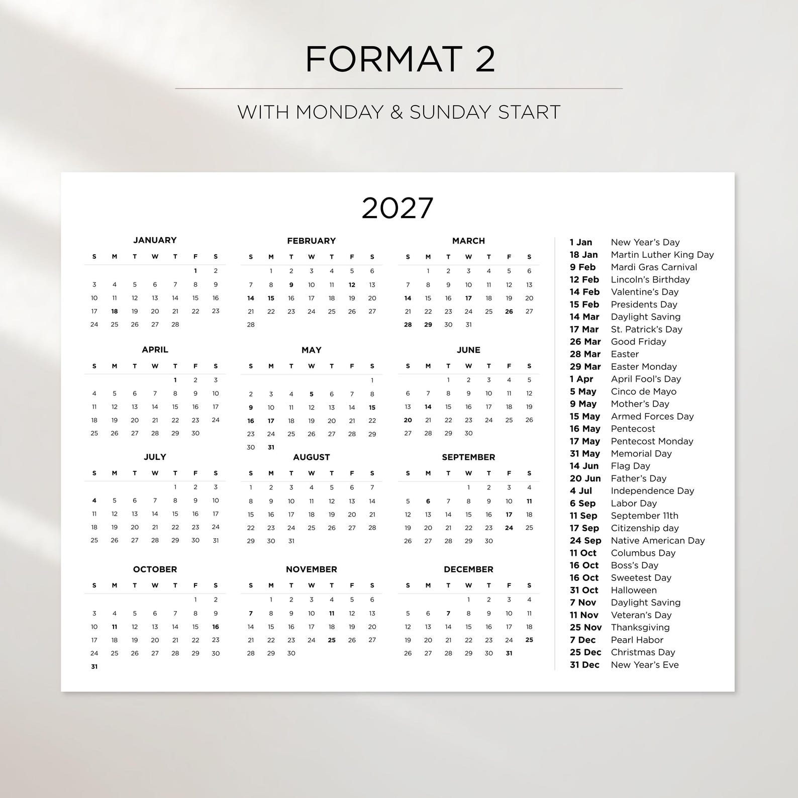 2027 Calendar With Holidays Landscape | Yearly Overview Printable