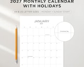2027 Monthly Calendar with Holidays | Printable Portrait Calendar | Sunday & Monday Start | A4 + US Letter PDF