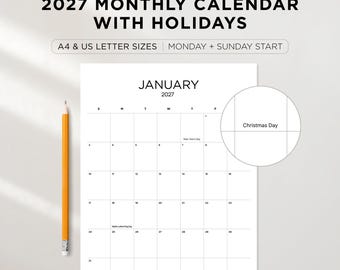 May include: A white 2027 monthly calendar with holidays, featuring a January layout. The calendar includes a pencil and the text "48 PAGES | DIGITAL DOWNLOAD", "A4 & US LETTER SIZES", and "MONDAY + SUNDAY START".