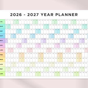 Może przedstawiać: Ścienny kalendarz roczny 2026 - 2027 z układem siatki, w którym miesiące są wymienione pionowo w kolorowych wierszach. Każdy miesiąc od lipca do czerwca ma przypisany odrębny pastelowy kolor, w tym zielony, niebieski, fioletowy, różowy i żółty.