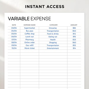 K&ouml;nnte beinhalten: Ein wei&szlig;es, druckbares Dokument mit dem Titel &bdquo;VARIABLE AUSGABEN&ldquo; mit einer Tabelle, die Ausgaben detailliert. Die Tabelle enth&auml;lt Spalten f&uuml;r Datum, Ausgabenname, Kategorie und Betrag. Beispiele sind Lebensmittel, Transport und Unterhaltung.
