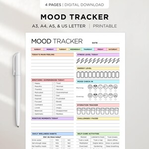 May include: A printable mood tracker with sections for daily feelings, stress levels, energy levels, and mood check-ins. Includes space for tracking hydration, challenges, wellness habits, and self-care activities. A white pen rests on the left side of the page.