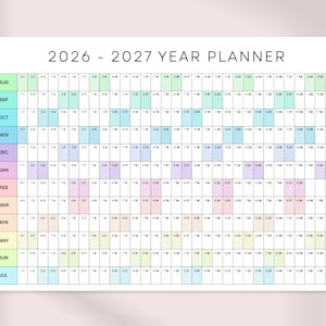 May include: A 2026-2027 year planner with a grid layout. Months are listed vertically with each day of the month in a horizontal row. The planner uses a pastel colour scheme for each month, with the text "2026 - 2027 YEAR PLANNER" at the top.