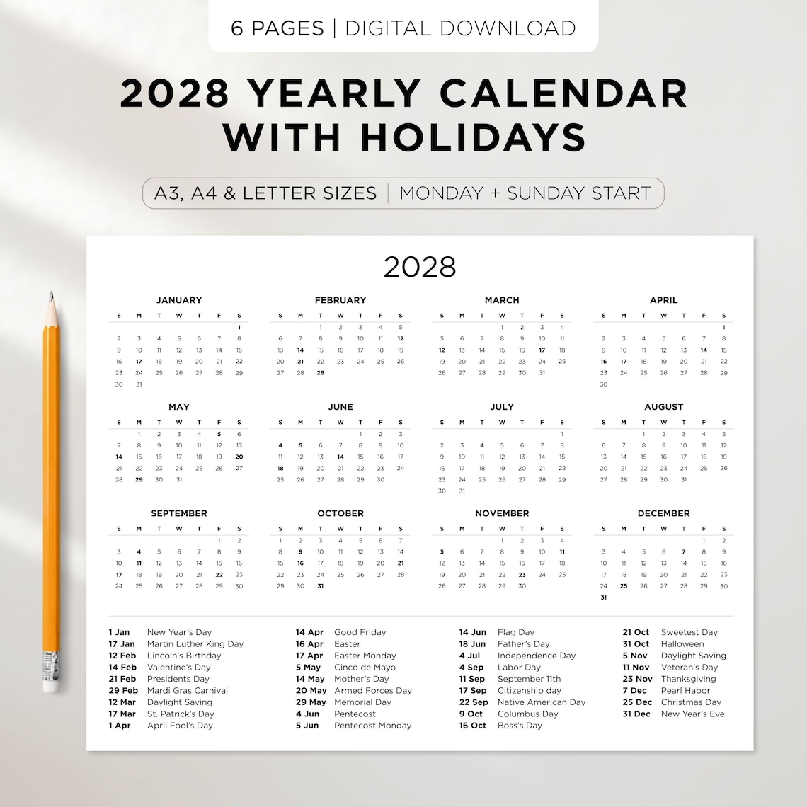 2028 Yearly Calendar With Holidays | Printable Year Overview | Minimal