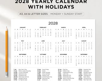 Op de afbeelding: Zwart-wit jaarlijkse kalender 2028 met feestdagen, in A3, A4 en letterformaten. De kalender begint op maandag en bevat feestdagen. Een gele potlood ligt aan de linkerkant.
