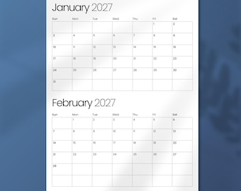 印刷可能な2027年カレンダー | 1ページ2ヶ月レイアウト | 印刷可能なカレンダー | A4およびUSレターサイズ | シンプルでミニマルなプランナーページ