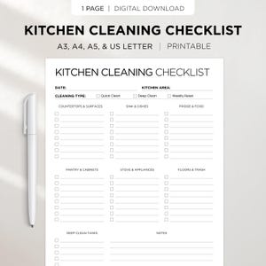 May include: A digital download kitchen cleaning checklist printable in A3, A4, A5, and US letter sizes. The document features sections for date, kitchen area, cleaning type, and categorised tasks including countertops, sink, fridge, pantry, and stove.