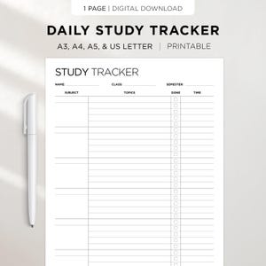 Puede incluir: Un rastreador de estudio diario imprimible blanco con el texto "DAILY STUDY TRACKER" y "STUDY TRACKER". El rastreador incluye secciones para el tema, los temas y la hora. Un bolígrafo blanco está en el lado izquierdo.