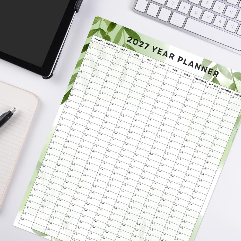 2027 Year Planner Printable | Watercolor Green Leaves Year at a Glance ...