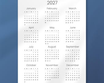 2027 Jahreskalender zum Ausdrucken | Jahresübersicht | Print At Home Kalender | A3-A4 US Letter Größen | Sonntag & Montag Start