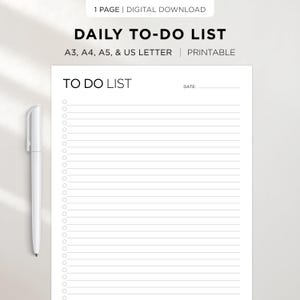 Może przedstawiać: Biała, drukowana lista rzeczy do zrobienia z tekstem "DAILY TO-DO LIST" i "TO DO LIST". Zawiera miejsce na datę i sekcje z liniami na notatki. Biały długopis znajduje się po lewej stronie strony. Dostępne w rozmiarach A3, A4, A5 i US Letter.