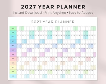 Może przedstawiać: Planer roczny na rok 2027 z układem siatki, zawierający miesięczne kalendarze w różnych pastelowych kolorach. Tekst "2027 YEAR PLANNER" znajduje się na górze, a pod nim "Instant Download • Print Anytime • Easy to Access".