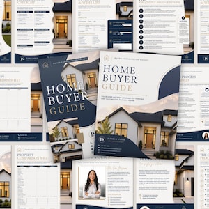 May include: A collection of real estate documents, including a "Home Buyer Guide" and checklists. The documents feature a navy blue and white color scheme with images of houses. The guide is designed to assist in the home buying process.