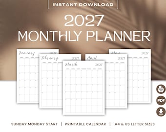 2027 Printable Calendar | Minimal Monthly Planner | A4 & US Letter PDF | Sunday Start | Instant Download