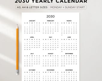 2030 Yearly Calendar Printable | Year at a Glance | Vertical Year Overview Layout | Sunday & Monday Start | Instant Download