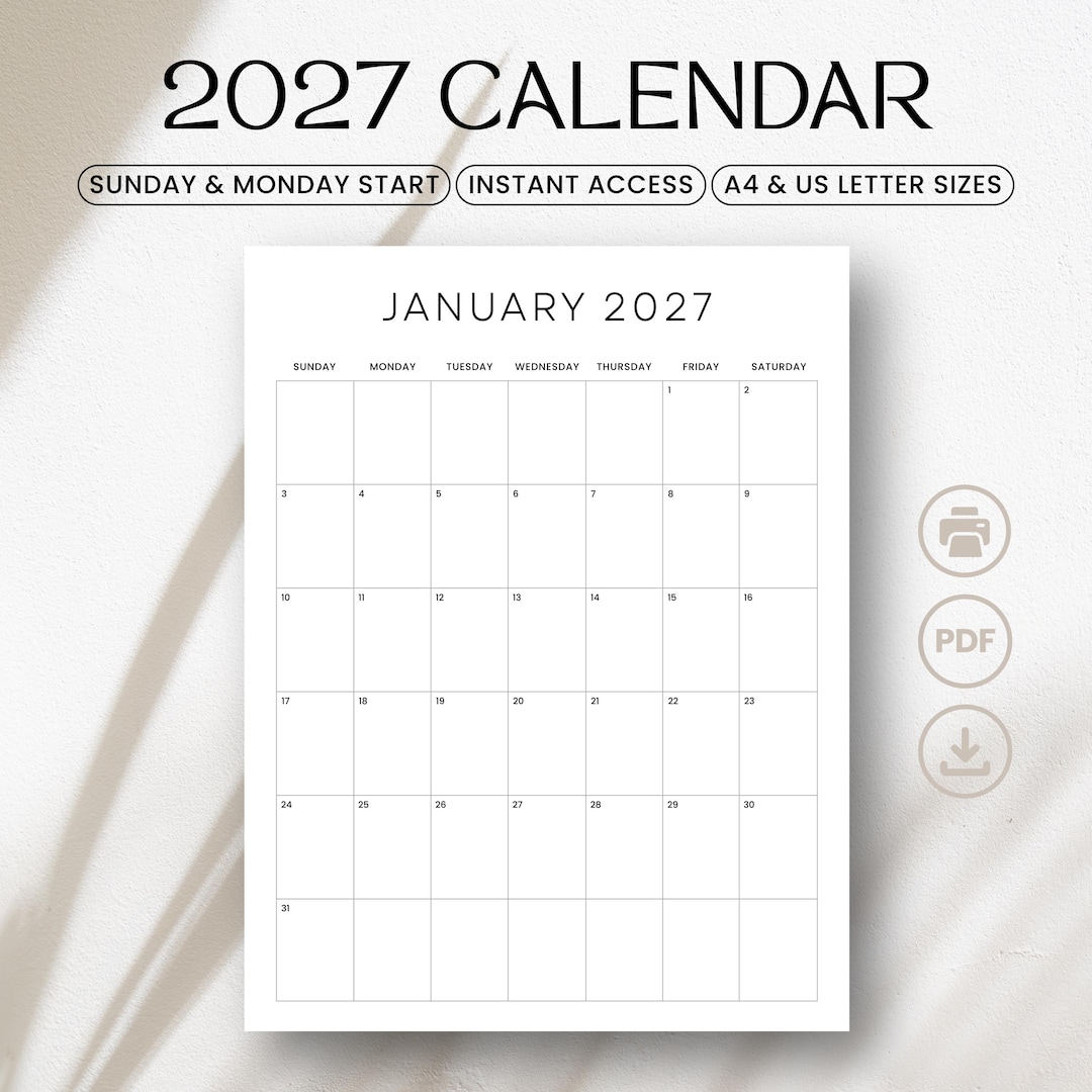 Portrait Layout Calendar 2027 | Minimal Monthly Planner | A4 & US ...