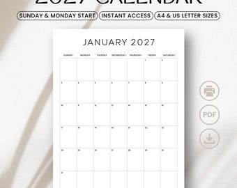Calendario con layout verticale 2027 / Planner mensile minimale / Formato A4 e lettera USA / Inizio domenica e lunedì / Download immediato