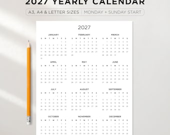 2027 Yearly Calendar Printable | Year at a Glance | Minimal Year Planner | A3, A4, and US Letter Sizes | Sunday & Monday Start