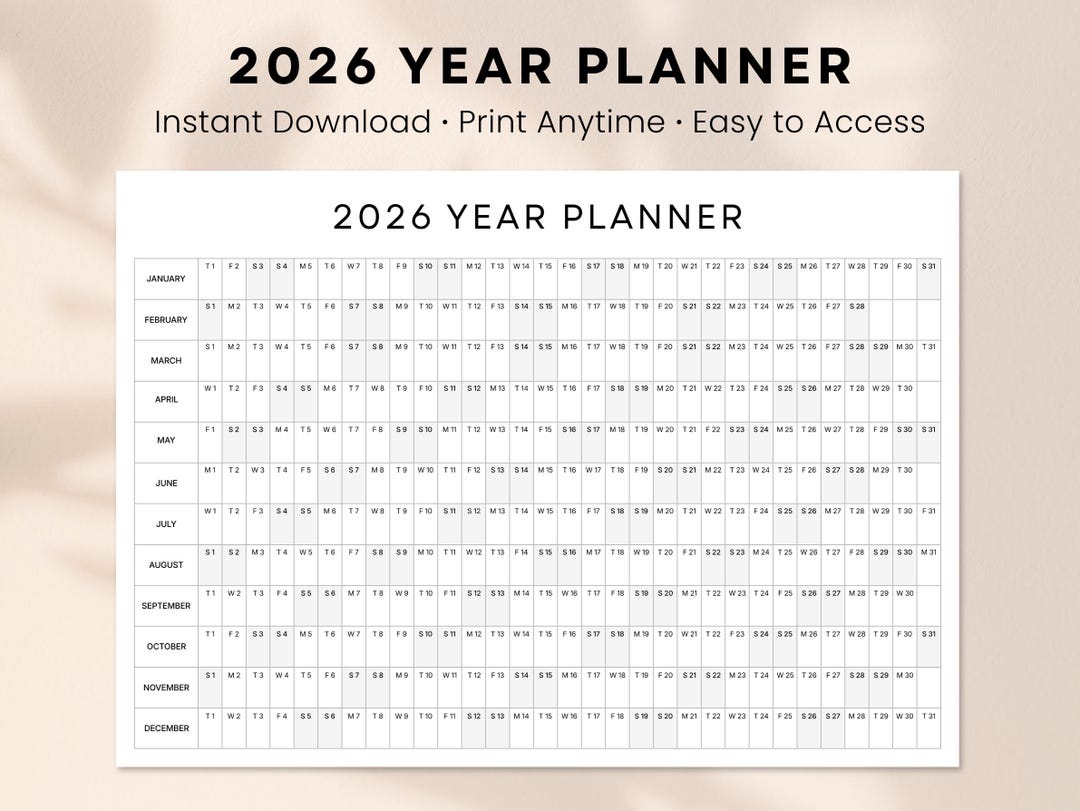 2026 Full Year Planner | Yearly Wall Calendar Overview Printable