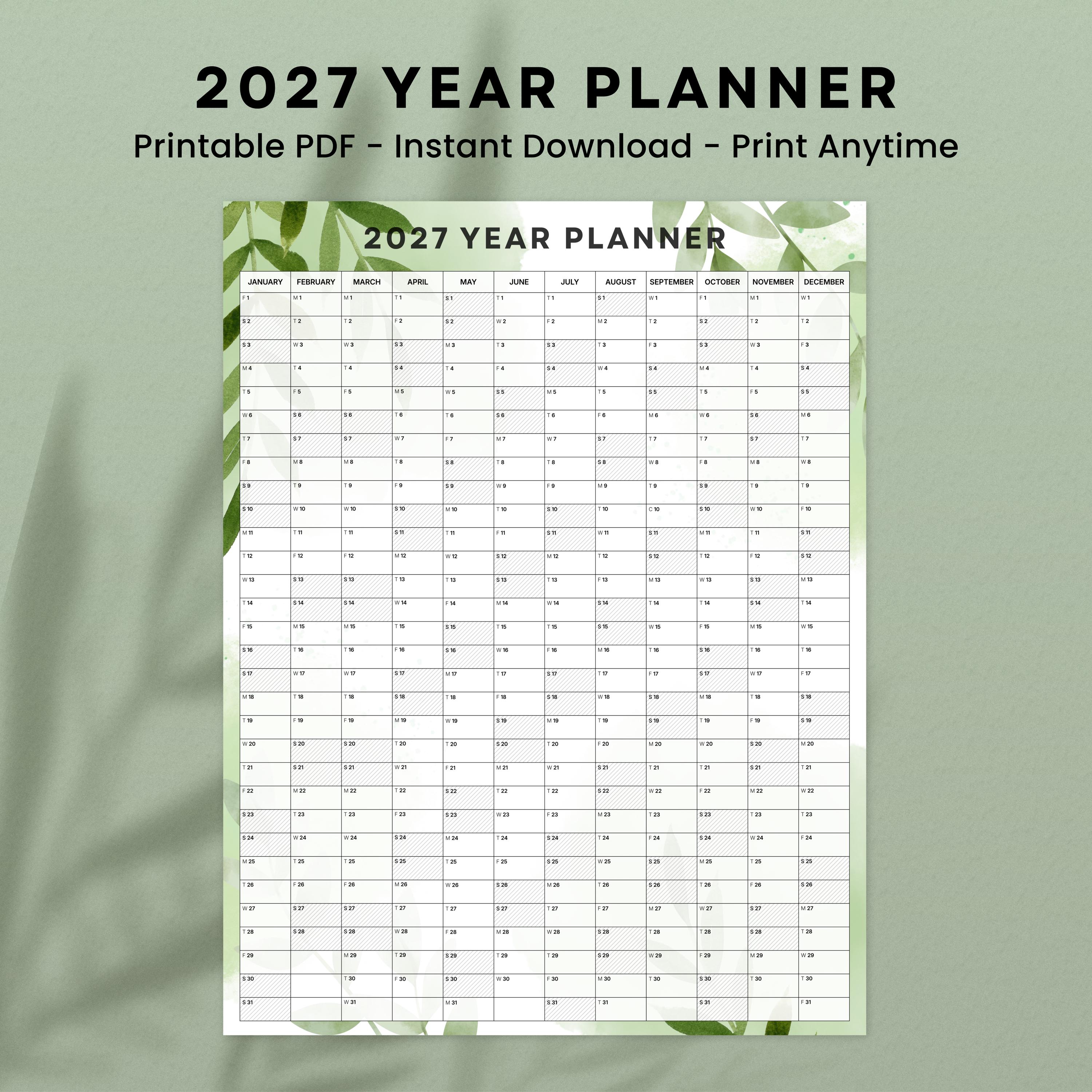 2027 Year Planner Printable | Watercolor Green Leaves Year at a Glance ...