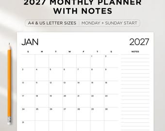 Planner mensile 2027 con note / Inizio domenica e lunedì / Formato A4 e lettera USA / Calendario orizzontale minimalista stampabile