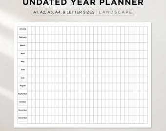 Undated Year Planner Printable | Yearly Overview Wall Calendar Landscape | Printable Annual Planning Chart