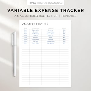 Puede incluir: Un rastreador de gastos variables imprimible con fondo blanco. El documento incluye una tabla con columnas para fecha, nombre del gasto, categoría e importe. Un bolígrafo blanco se encuentra a la izquierda.