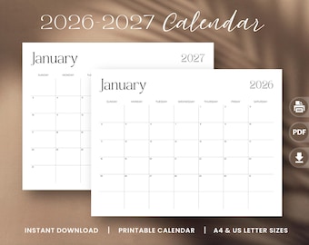 Könnte beinhalten: Minimalistischer, druckbarer Kalender für 2026 und 2027 mit einem klaren, modernen Design. Der Kalender zeigt den Monat Januar auf zwei separaten Seiten an. Das Design umfasst ein einfaches Rasterlayout mit Wochentagen und Daten. Der Text "2026-2027 Calendar" steht oben.