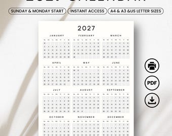 2027 Yearly Calendar Printable | Minimal Wall Planner | Portrait Layout PDF | A3 A4 US Letter Sizes | Sunday & Monday Start
