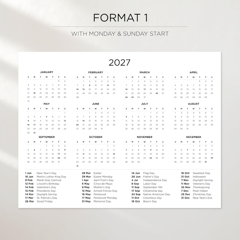2027 Calendar With Holidays Landscape | Yearly Overview Printable ...