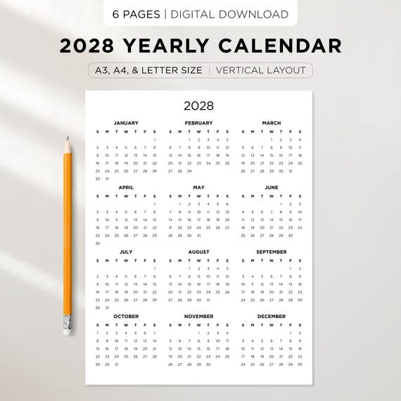 2028 Yearly Calendar Printable | Year at a Glance | Vertical Year