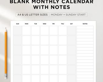 Blank Monthly Calendar With Notes: Undated Monthly Planner Printable, Sunday & Monday Start, Minimalist PDF