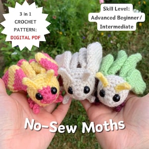 No-Sew Moth Crochet Pattern; Plain, Rosy Maple, and Luna. Digital PDFs