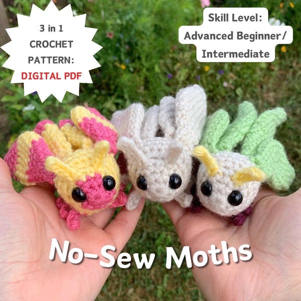 No-Sew Moth Crochet Pattern; Plain, Rosy Maple, and Luna. Digital PDFs