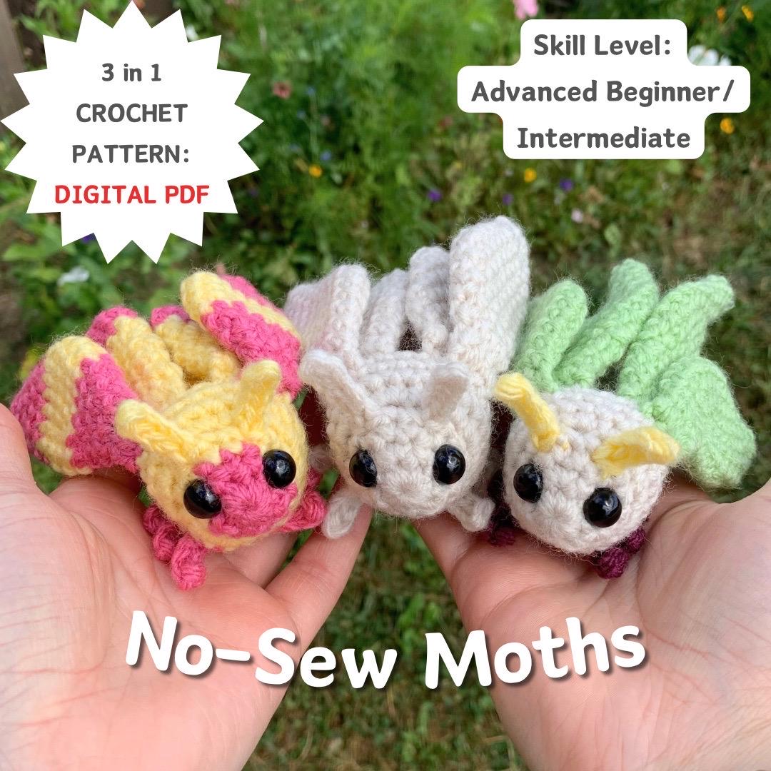 30 Moth Crochet Patterns for Amigurumi, Wearables, and Whimsical Home Decor 19 No-Sew Moth Crochet Pattern; Plain, Rosy Maple, and Luna
