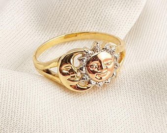Sun and Moon Solid Gold Ring, Two-Tone Celestial Ring, Astrology Jewelry, Dainty Solar Lunar Ring, Valentines Day Jewelry Gift