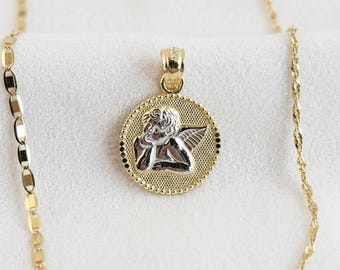 Angel Pendant, Guardian Angel Solid Gold Necklace, Thoughtful Cherub Charm, Gold Baby Angel Chain