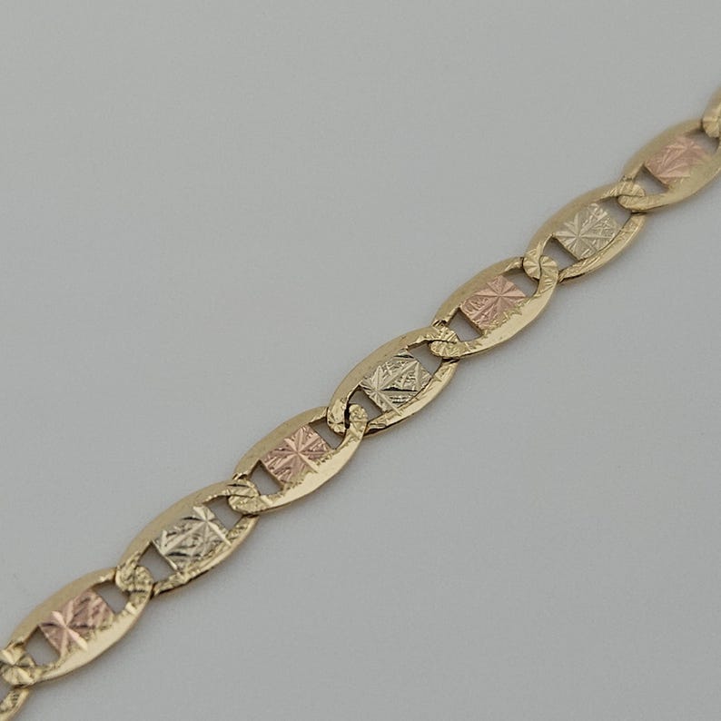 10K Solid Gold Tri Color Valentino Bracelet, Yellow Rose White Gold Link Bracelet, Real Gold Bracelet, Real Gold Gift for Her image 12