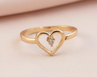 10K massivt guld hjärtformad löfte ring, äkta guld kärleksring, alla hjärtans dag smycken gåva