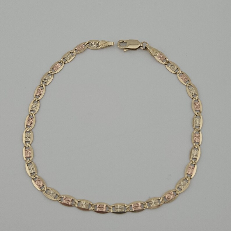10K Solid Gold Tri Color Valentino Bracelet, Yellow Rose White Gold Link Bracelet, Real Gold Bracelet, Real Gold Gift for Her image 7