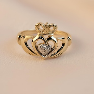 Solid Gold Claddagh Ring, Celtic Irish Heart Crown Ring, Friendship and Love Ring, Gift for Her