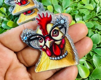 Divertido pollito plano: Set/2 Linda gallina acrílica, Animales planos, dije acrílico de granja, Adornos para carretes de insignias, Resina plana con purpurina, dije de pollo.