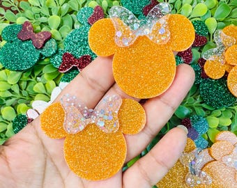 Cabeza de ratón plana: Set/2 Figura de Minnie Mouse naranja Acrílico, purpurina plana, adornos para carretes de insignias, resina plana con purpurina, dije para lazo de pelo