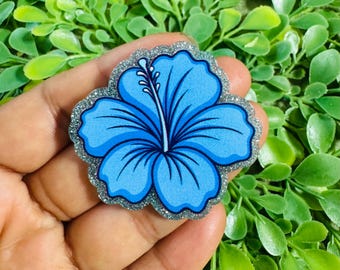 Hibiscus flower Flatback: Set/2 Hawaiian flower Flatback, Glitter planar resin, Epoxy charms, Badge Reel Topper, DIY Charm, flowers planar.